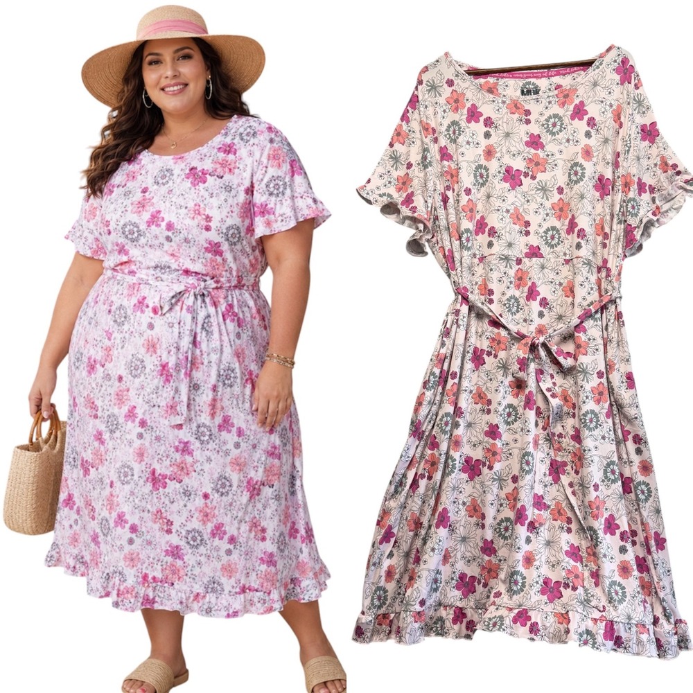Womens 2X Midi Dress Floral Short Belted Liquid Knit Ruffle Pockets Stretch Pink